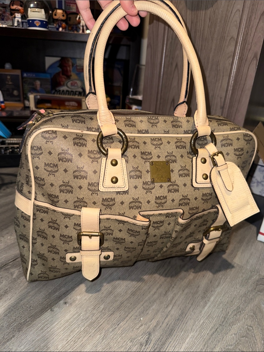 MCM Monogram Satchel in Tan & Beige Leather Trim travel bag